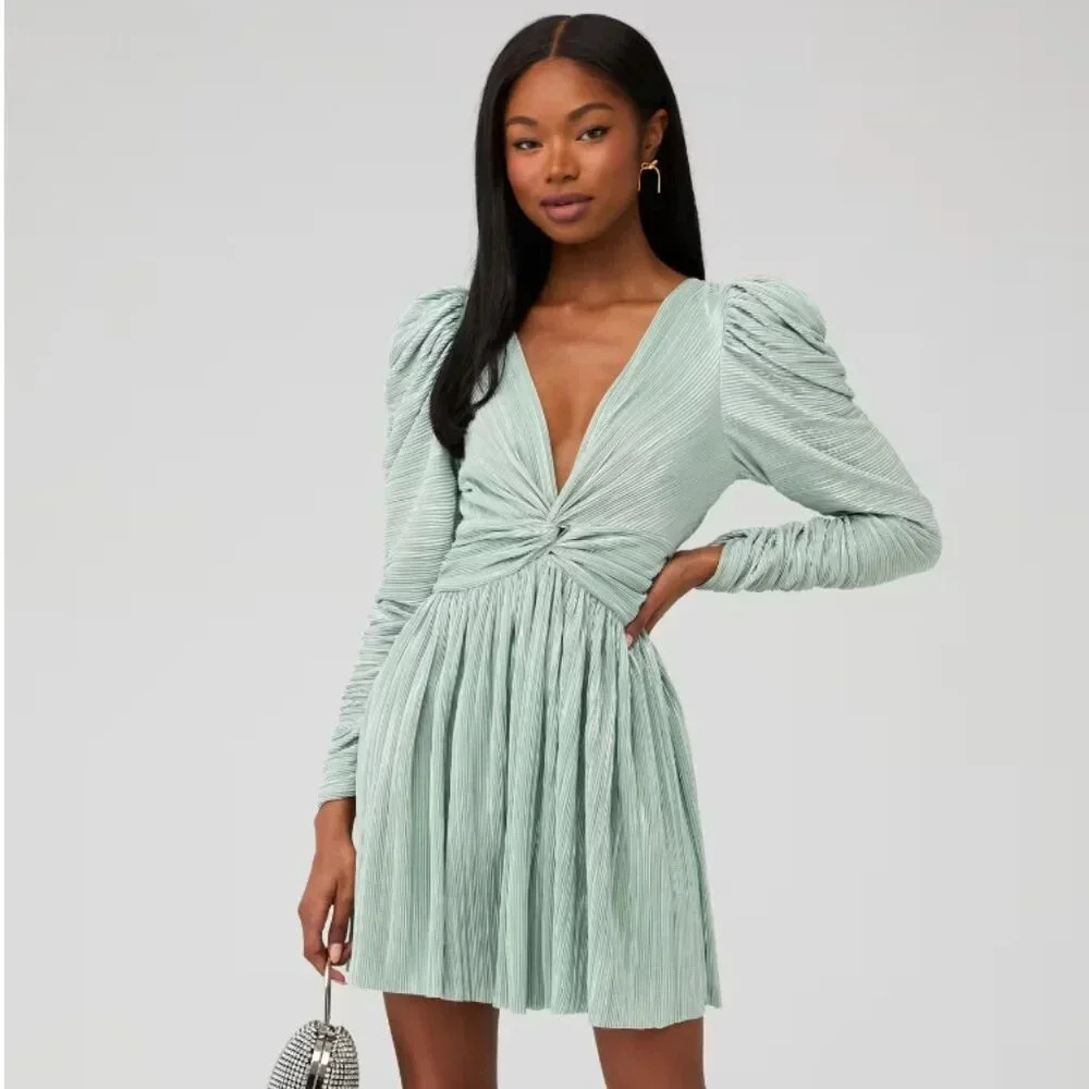 Sabina Musayev Morgana Mini Dress Long Sleeve Mint Green Metallic Shine Size XL